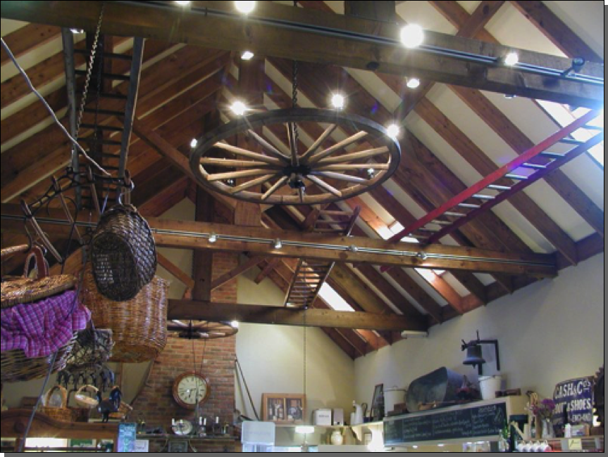Rural bygones used in roof decoration in Abbey Parks Farm Shop

